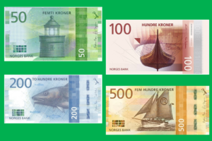 Norske sedler 50, 100, 200 og 500 kr.