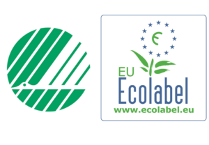 Svanemerket med enkel svanefiigur og EU-Ecolabel med blomsten.