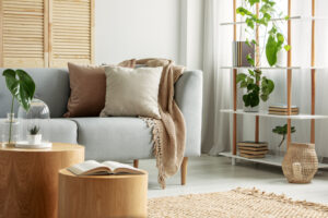 Fin moderne stue med sofa, puter og planter. Mye av dette kan være kjøpt brukt.