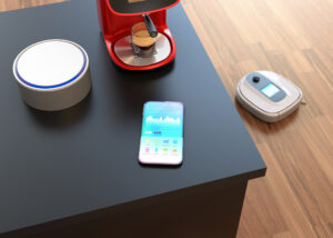 Kaffemaskin, robotstøvsuger, høyttaler og smarttelefon